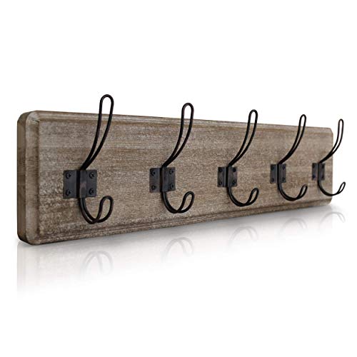 HBCY Creations Weathered Rustic Coat Rack Wall Mount with 5 Hooks, Solid Pine Wood 24 inch Wall Hooks for Entryway, Mudroom, Hallway, Bathroom - Vintage Farmhouse Style Wall Mounted Towel Rack