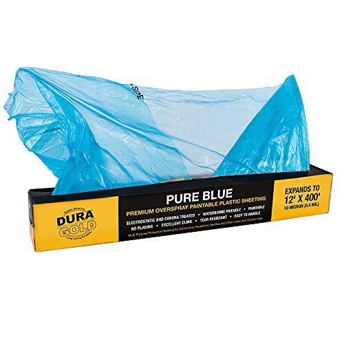Dura-Gold 12' x 400' Pure Blue Protective Masking Film Cover - Overspray Paintable Sheeting Roll, Painters Plastic (10 Micron, .4 Mil) - Plastic Painting Protection for Auto & Household Paint Covering