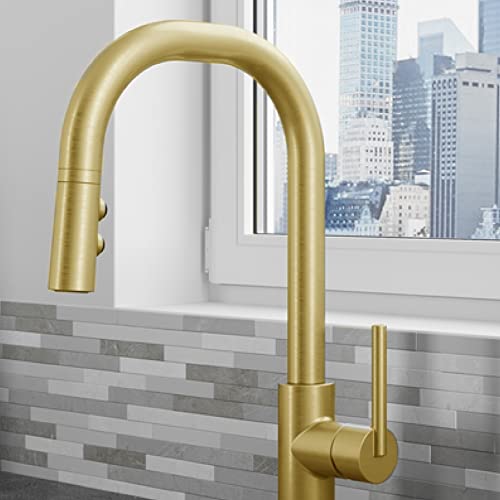 Pfister Zanna Kitchen Faucet with Pull Down Sprayer and Soap Dispenser, Single Handle, High Arc, Brushed Gold Finish, F5297ZNRBG