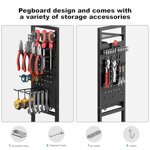 CCCEI Garage Power Tools Organizer Cart with Charging Station, Black Floor Standing Rolling Drill and Tools Battery Storage Cart on Wheels. Black Utility Rack Gift for Men, Husband, Father.