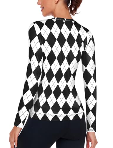 LURANEE Athletic Wear Women,Long Sleeve Workout Tops Cross Hem Quick Dry Athletic Running Yoga T-Shirts Black White Argyle S