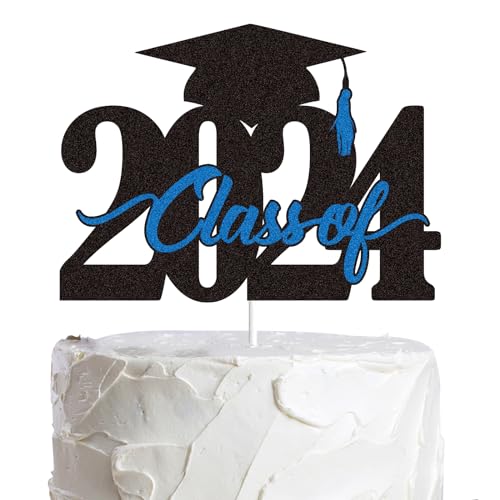 Class of 2024 Graduation Cake Topper Black Blue Glitter Congrats Grad Cake Decorations Congratulations Grad 2024 Party Supplies (Blue)