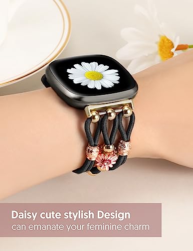 Floral Bracelet Compatible with Fitbit Versa 4/Versa 3/Sense 2/Sense Band Women Girls, TOYOUTHS Boho Beaded Braided Daisy Flower Strap Elastic Stretchy Nylon Cute Fancy Charms Breathable Wristband, XS