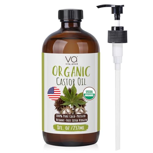 Pure Castor Oil Organic Cold Pressed Unrefined Glass Bottle-USDA Certified Organic Castor Oil Cold Pressed Glass Bottle For Castor Oil Pack Wrap-Castor Oil For Face,Hair Growth,Eyelashes,Eyebrows-8oz
