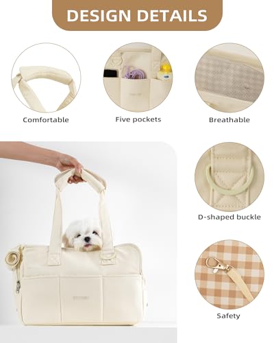ONECUTE Dog Carrier for Small Dogs Rabbit cat with Large Pockets, Cotton Bag, Dog Carrier Soft Sided, Collapsible Travel Puppy Carrier (Beige, 13.6" L x 6.5" W x 10" H)