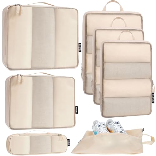 Bagail Ultralight Packing Cubes 7 Set, 3 Compression Packing Cubes 3 Packing Organizers With 1 Shoe Bag-Dusty Blue