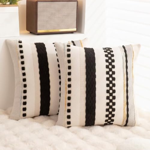 WANLIRD Boho Throw Pillow Covers 18x18 Set of 2 Farmhouse Decorative Cushion Case Striped Square Pillows Cover Chenille Pillow Cases Accent Neutral Pillowcase for Sofa Couch Bed,Yellow-Blue