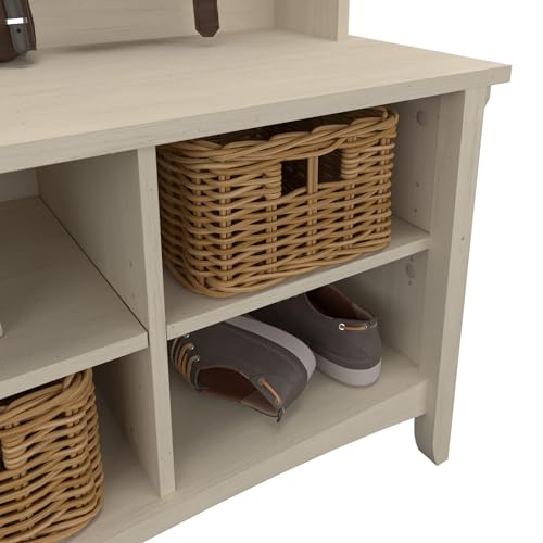 Bush Furniture Salinas Hall Tree with Shoe Storage Bench in Antique White, Multi-Purpose Home Organizer, Entryway Solution with Seating and Hooks