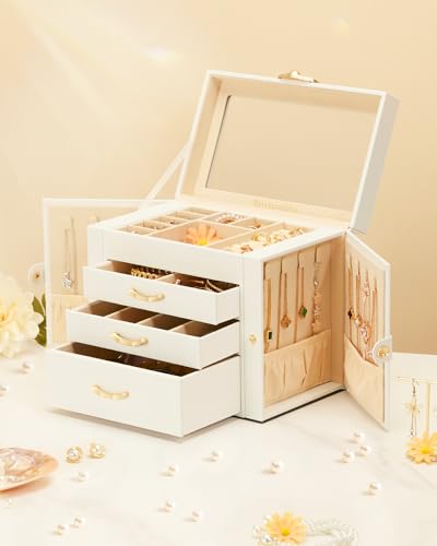 Enthralite Jewelry Box with Glass Lid | 4-Layer Jewelry Organizer with 3 Drawers for Necklaces, Earrings, Rings, Bracelets| Gift for Women Girls | White