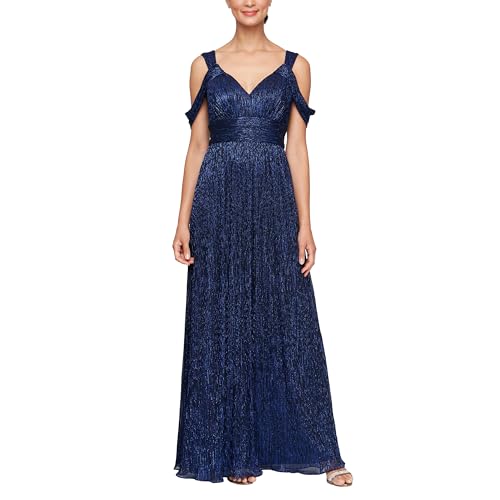 Alex Evenings Women's Long Cold Shoulder, Mother of The Bride Gown, Formal Event, Wedding Guest Dress, (Petite and Regular Sizes), Wedgewood Lace