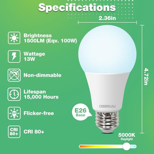 DEGNJU LED Light Bulbs, 100 Watt led Bulb Warm White, 5000K Daylight Light Bulbs, E26 Standard Base, 1500 Lumens, Non-Dimmable, 13W Bright White LED Bulbs for Bedroom Home Office, 12 Pack
