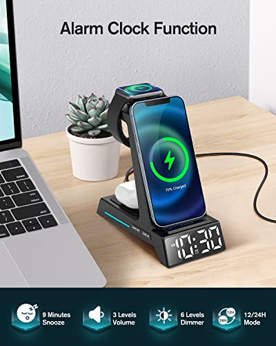 Wireless Charging Station - 4 in 1 Wireless Charger with Alarm Clock, Charging Stand Dock for iPhone 15/14/13/12/11/Pro/Max/XR/XS/X/Samsung Phone, for AirPods Pro/3/2, Apple Watch 9/8/7/6/5/SE/4/3/2