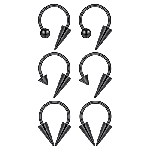 Stuppendux 6pc Black 16G 1.2mm Septum Rings Stainless Steel Cartilage Helix Tragus Earrings Nose Rings Piercing Jewelry Pointed Conical Head Round Ball Head for Women Men diameter 12mm