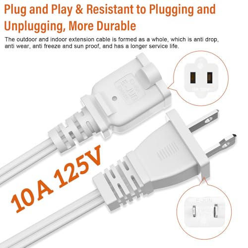 ROÉKO AC Power Cord, (0.6M) 2-Prong Extension Cord Adapter 125V 10A USA Outlet, 2 Prong Male Plug to Female Socket High - Power Extension Cable - White