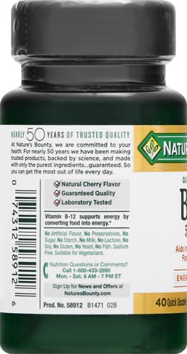 Nature's Bounty Vitamin B12, Quick Dissolve Vitamin Supplement, Supports Energy Metabolism and Nervous System Health, 5000mcg, 40 Tablets