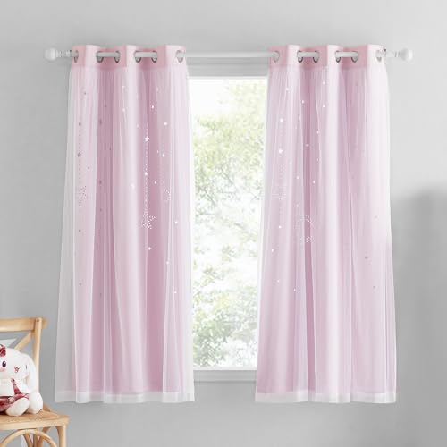 NICETOWN 2 Panels Stars Blackout Curtains for Bedroom Kids Baby Window Double Layer Moon Star Cut Out Living Room Decor Wall Home Decorations Curtain, W42 x L84 Inches Long, Pink