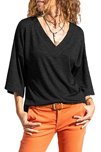 Grlasen Women's Zipper Drop Shoulder 3/4 Sleeve T-Shirt Summer V-Neck top Vintage Cotton Basic T-Shirt