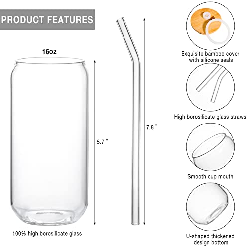 Kxuhivc 1 Pack Glass Cup, 16oz Drinking Glass with Bamboo Lid and Straw, Beer Glass Tumbler for Mojito Soda Smoothies Whiskey Iced Coffee Cocktail Tea Juice