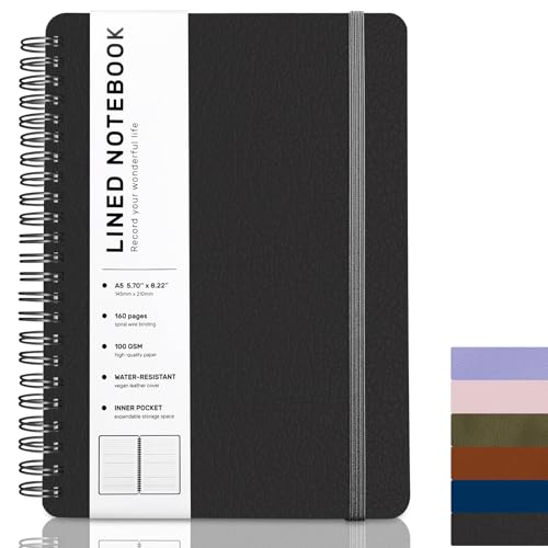 Black Lined Spiral Journal Notebook with 160 Pages, 8×5.7in, A5 Spiral Notebook, Journaling Notebooks for Work, School, Women, Men, College Ruled Spiral Notebook, Hardcover Leather Journals