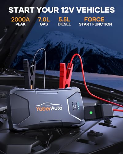 YaberAuto Car Battery Jump Starter 2000A Jump Box (7.0L Gas/5.5L Diesel) Portable Car Jump Starter Battery Pack, 12V Car Battery Jumper Starter with Safety Jumper Cables, Fast Charge, Lights, Compact