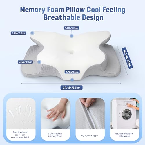 Ergonomic Pillow Side Sleeper-Satisure Cervical Pillow for Neck Pain Relief Memory Foam Pillows, Cooling Pillow for sleeping Orthopedic Bed Pillow for Side Back Stomach Sleepers with Washable Ice Silk
