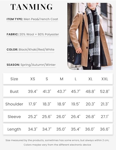 Tanming Mens Black Trench Coat Notched Lapel Single Breasted Long Peacoat Overcoat (Black-XS)