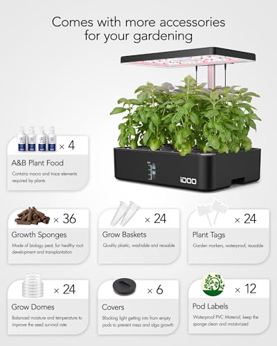 iDOO Hydroponics Growing System Kit 12Pods, Birthday Gifts for Mom Women, Herb Garden Indoor with LED Grow Light for Home, Built-in Fan, Auto-Timer, Adjustable Height Up to 11.3", 12Pods Kit-Black