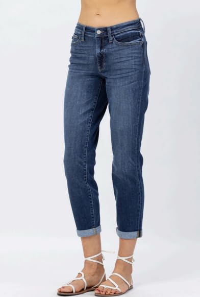 Judy Blue Women's Mid-Rise Rolled Cuffed Boyfriend Jeans (Dark Blue, 5)