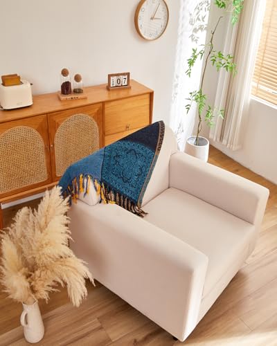 AIVIA Bohemian Throws Blankets, Chenille Woven Recliner Chair Throw Cover Futon Furniture Cover Sofa Slipcover Boho Bed Blanket - 60" x 75" Navy Teal Yellow