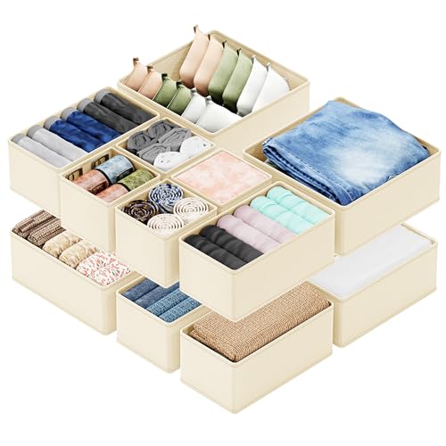 SpaceAid Drawer Organizer for Clothes, 12 Pack Dresser Drawer Organizer Bins, Closet Organizers and Storage Dividers for Clothing, Underwears, Socks (Beige)