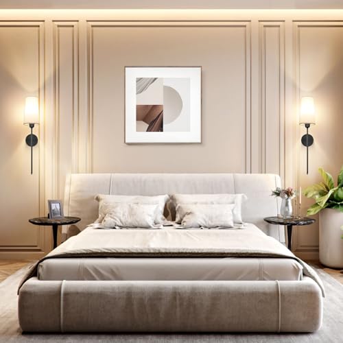 Battery Operated Wall Sconce Set of 2, Rechargeable Wall Sconce With Remote Dimmable Wireless Battery Powered Wall Lamp Decor Fixture For Bedroom Living Room White Fabric Shade Included Bulbs