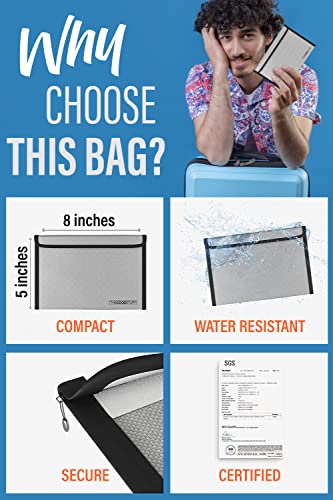 Fireproof Document Bag Envelope Size: 8" x 5" [2000°F – Grey] Fireproof Cash Bags with Zipper Small Water and Fire Resistant Money Bag for Cash Storage, Fireproof Bags for Cash Fire Proof