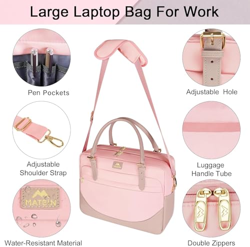 MATEIN Laptop Bag for Women, 15.6 inch Computer Briefcase Sleeve Case, Large Water Resistant Cute Messenger Work Tote Bible Temple Bag Crossbody for Teen Girls School College Office Travel Gifts, Pink