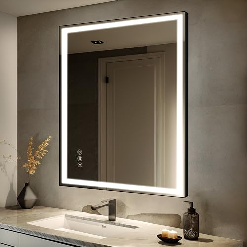 YOOSHINE LED Bathroom Mirror Metal Frame with Lights 24x32 Front and Backlit Lighted Vanity Mirrors for Wall Mounted Dimmable Anti-Fog Memory Function Tempered Glass Horizontal Vertical