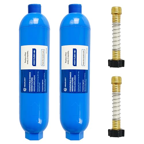 Hourleey 2 Pack RV Inline Water Filter with 2 Flexible Hose Protector, Reduce Bad Taste, Odors, Rust, Fluoride, Chlorine and Sediment in Drinking Water, Dedicated for RVs Campers Marines