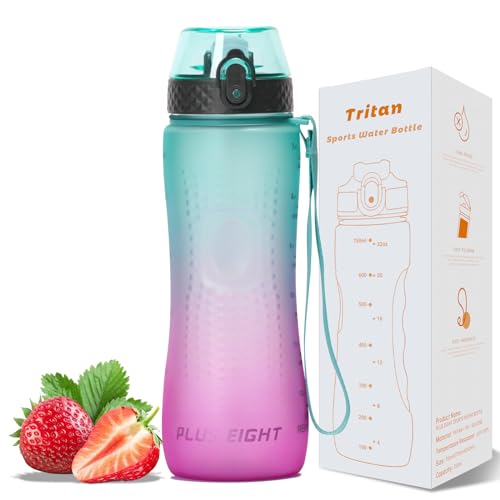 pluseight Water Bottle with Straw, 25 oz Motivational Water Bottles with Time Marker to Drink, Leak-Proof Tritan BPA-Free with Carrying Strap for Women Men Gym Fitness Outdoor (Green Purple)