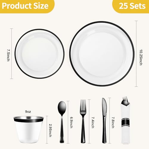 Goodluck 175 Piece Black Plastic Dinnerware Set for Party, Clear Disposable Plates for 25 Guests, Include: 25 Dinner Plastic Plates, 25 Dessert Plates, 25 Pre Rolled Napkins with Cutlery Set, 25 Cups