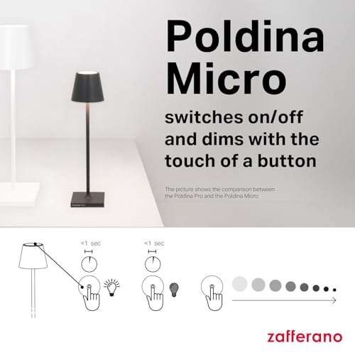 Zafferano, Poldina Micro Lamp with Glossy Gold Finish, Rechargeable Cordless Table Lamp with Touch Controls, Usable as an Indoor Lamp, Dimmer, 2200-3000 K, Height 10.8 Inches