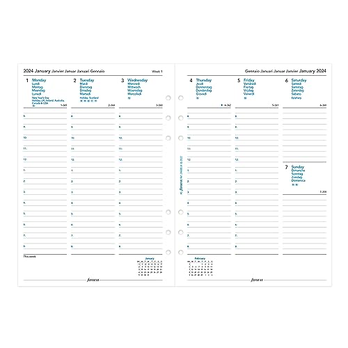 Filofax Calendar Diary Refill, A5 Size, Week-to-View with Appointments, White Paper, Multilingual: Five Languages, 2024 (C68514-24)