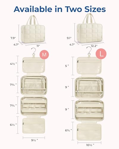 BAGSMART Travel Toiletry Bag with Jewelry Organizer, Hanging Travel Bag for Toiletries, Puffy Makeup Cosmetic Bag Organizer, Carry-on Travel Accessories Essentials, Beige-L