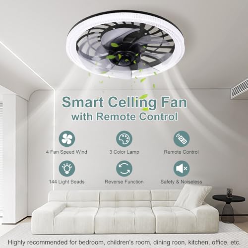WESTTREE Celling Fan with Light and Remote, 12In Celling Fan with Lights - 144 Light Bead, Color Temperature, 4 Level Powered Wind Celling Fans for Bedroom, Dining Room QWF3103 Black