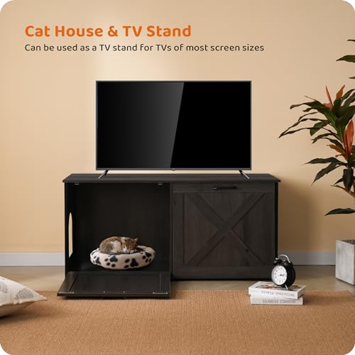 Dwanton 46" Litter Box Enclosure for 2 Cats, Large Cat Litter Box Furniture Hidden with Double Rooms, Wooden Cat Washroom Indoor, Fit Most of Litter Box, Dark Gray, 46" L x 19.7" W x 21.7" H