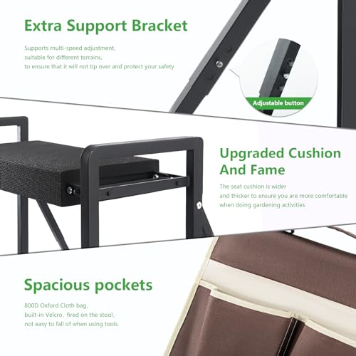 Onadak Anti-Tipping Garden Kneeler and Seat,Foldable Garden Stool Heavy Duty Gardening Bench,Garden Kneelers for Seniors,Great Gardening Gifts for Women and Men, Bench Comes with Tool Pouch,Black