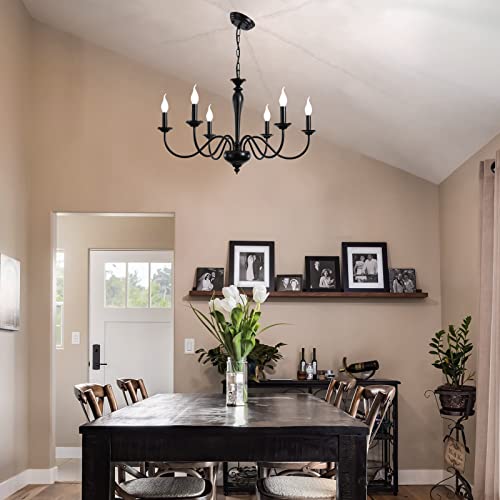 QAREHL Black Chandelier for Dining Room 6 Light Rustic Industrial Farmhouse Lighting Fixtures Hanging Candlestick Chandeliers for Living Room, Foyer, Bedroom, Office, Bar,Island Lights