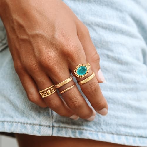 GNIRTSI Gold Flat Ribbed Ring for Women 14K Gold Plated Minimalist Stack 4MM Wide Band Finger Jewelry Size 6