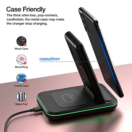 Wireless Charger for Samsung/Android, HOLYJOY Foldable 3 in 1 Fast Charging Station/Stand/Multi Charger for Samsung S24/S23/S22/Note 20, Travel Pad for Galaxy Watch 7/6/5/4/Active 2, for Buds(Black)