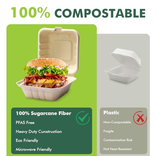 yoyomax [6x6-200Pack] 100% Compostable To Go Food Containers with Lids, Burger Box Take Out Clamshell Container, Bio Disposable | Eco Friendly | Heavy-Duty Boxes, Made of Sugarcane Fibers