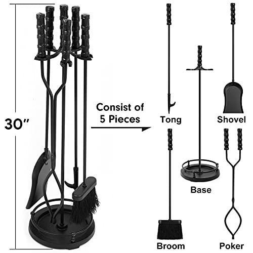 AMAGABELI GARDEN & HOME 5 Pieces Fireplace Tools Sets Wrought Iron Indoor Fireplace Set with Poker Tongs Broom Shovel Stand Fire Tools Outdoor Fire Place Fire Pit Hearth Accessories Sets Black