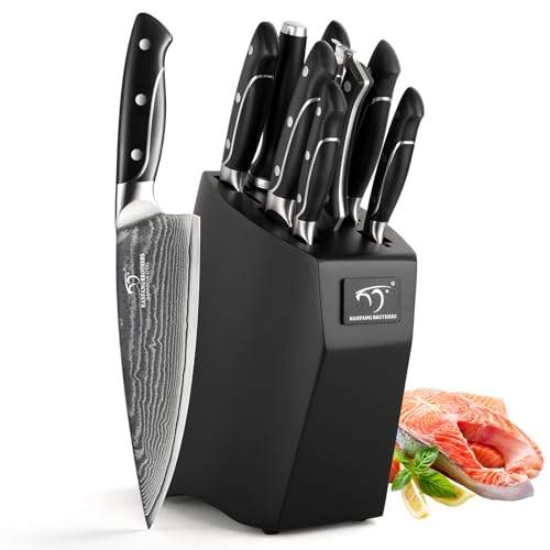 Damascus Kitchen Knife Sets, 9 Pieces Kitchen Knives Set with Block, ABS Ergonomic Handle for Chef Knife Set, Knife Sharpener and Kitchen Shears, Knife Block Set NF-D0603T-B