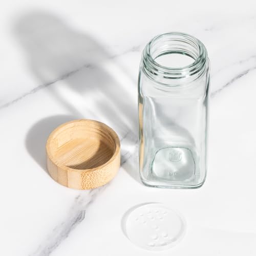 FavorFlavor 24 Pcs Spice Jars with Label, 4.3OZ Thickened Glass Seasoning Jars with Bamboo Lids & Pepper Grinder, Airtight Sealing with Metal Funnel for Easy Refilling, Spice Jars with Shaker Lids